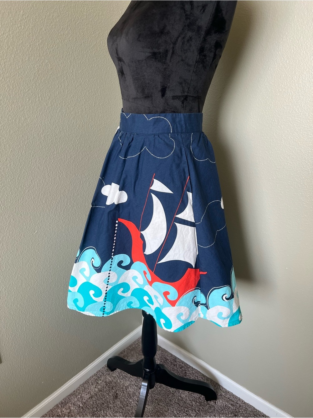 Retrolicious Navy Sailboat Print Circle Skirt with Red & Teal Accents